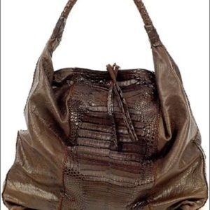 Parker Ochs Frederico Travel Bag Brown Ostrich Leather Crocodile Embossed